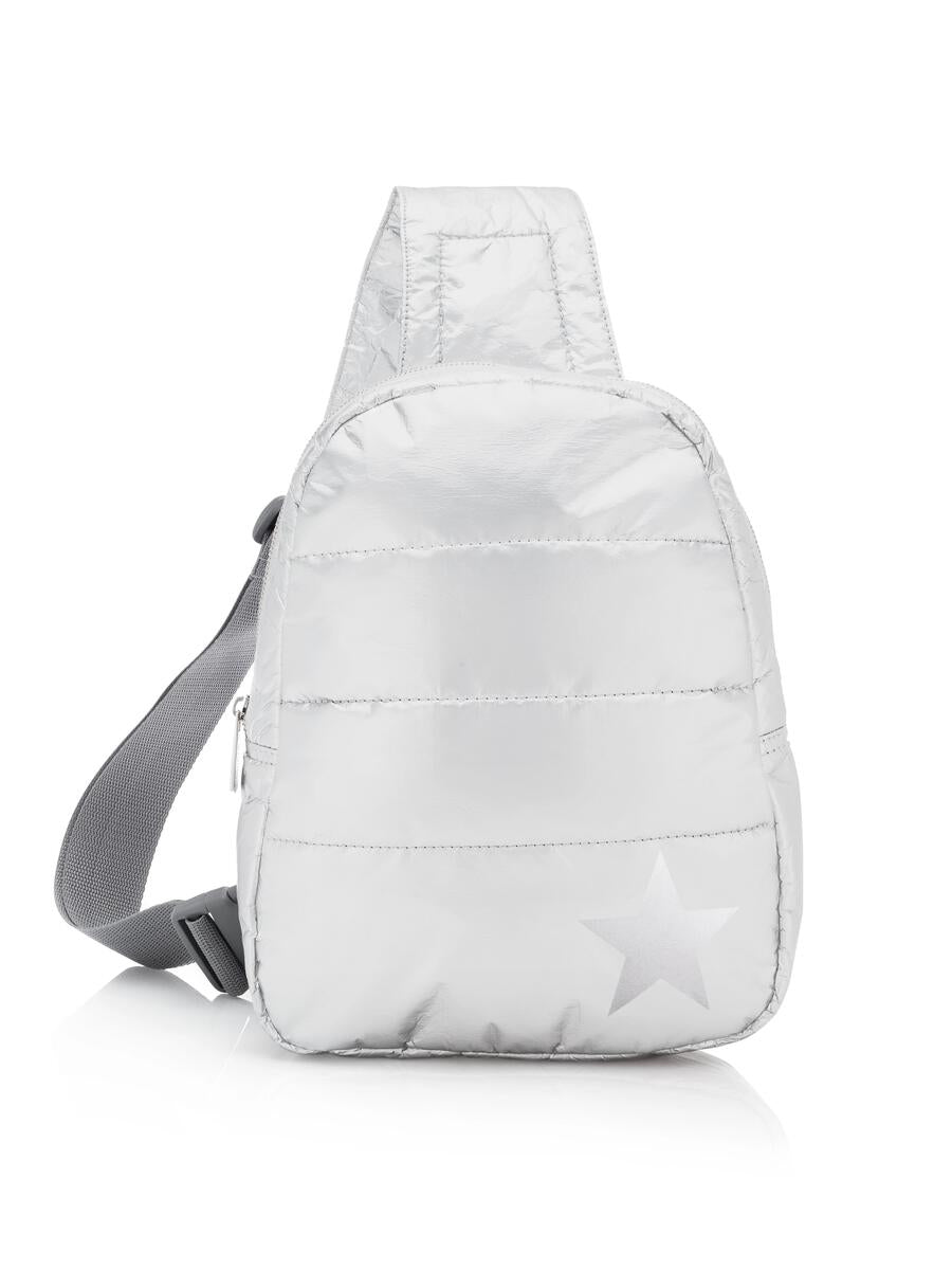 Hi Love -  - Puffer Crossbody Backpack - Shimmer White w/ Silver Star