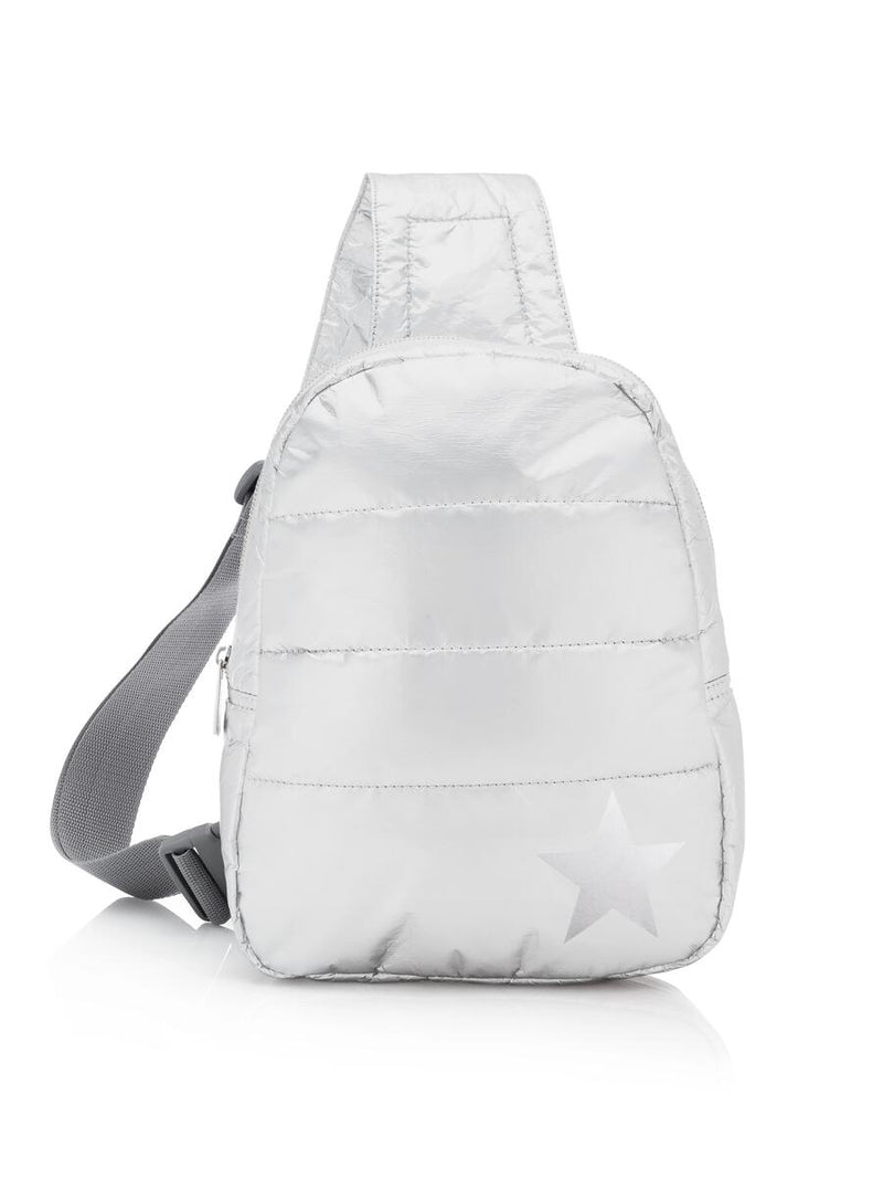 Puffer Crossbody Backpack in Shimmer Gray with Silver Star