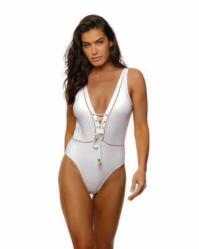 Guria Beachwear Lace Up V Front One Piece - White & Bronze (American Cut)